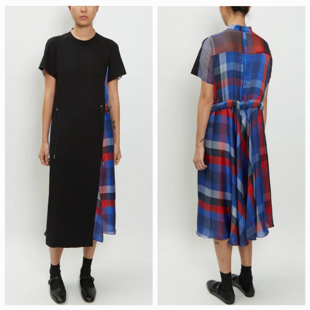 SACAI PLAID COTTON JERSEY MIDI DRESS, SIZE ???
